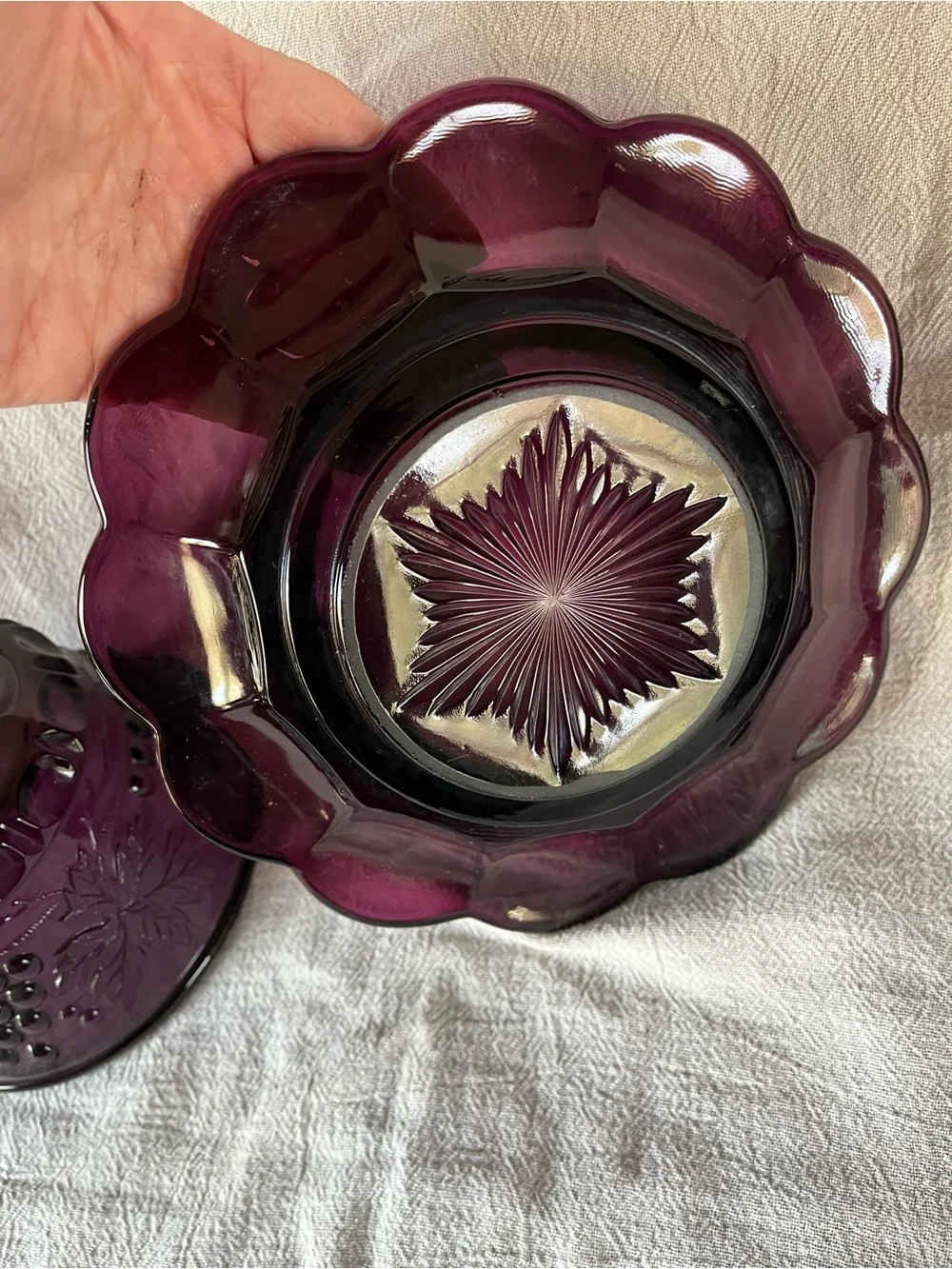 Vintage Mosser Amethyst Glass Covered Butter Dish with Grape design/ Fairy Lamp